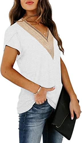 ETCYY Womens Summer Tops 2025 Trendy Casual Spring Striped Print Cute Petal V Neck Cap Short Sleeve Shirts,White,Large thumbnail 3