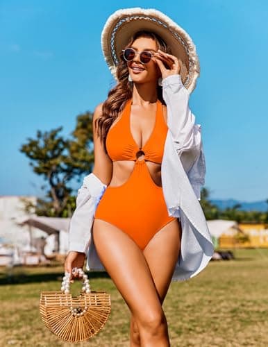 AI'MAGE Women's One Piece Swimsuits Tummy Control O Ring Cutout High Waisted Bathing Suit Tie Back Swimwear Orange thumbnail 2
