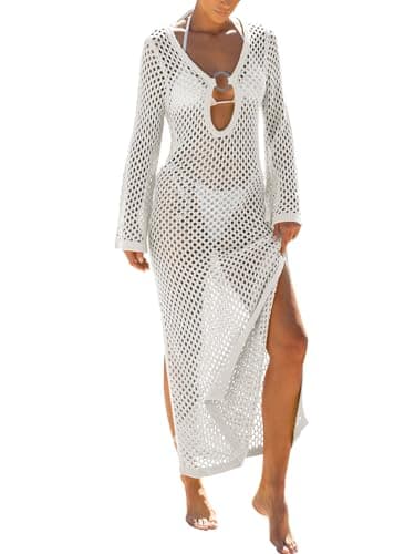 Caracilia Women Swimsuit Coverup Crochet Bathing Suit Swim Cover Ups for Swimwear Summer Long Sleeve Beach Dress Beachwear White Large