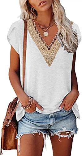 ETCYY Womens Summer Tops 2025 Trendy Casual Spring Striped Print Cute Petal V Neck Cap Short Sleeve Shirts,White,Large