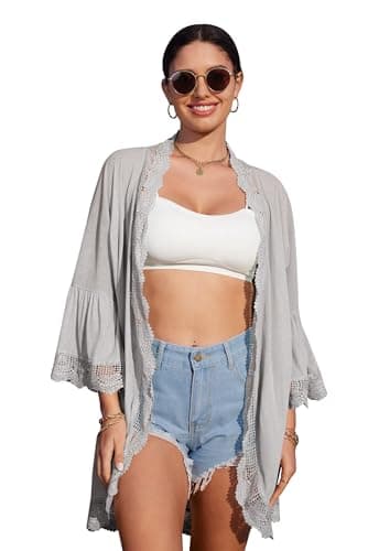 Spadehill Summer Women's Bell Sleeve Chiffon Kimono Cover Up Dressy Light Weight Lace Cardigan Pale Grey XL