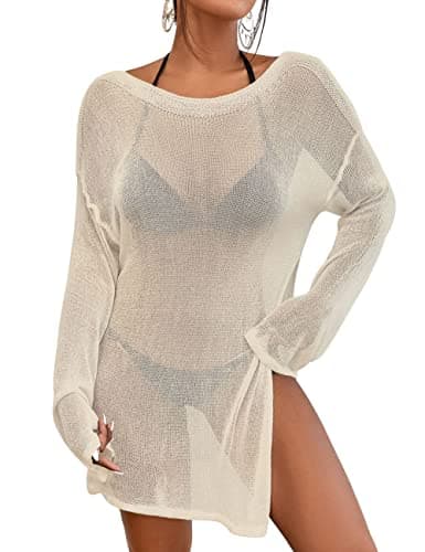 Bsubseach Crochet Swimsuit Coverup for Women Sheer Bathing Suit Cover Ups Kintted Swimwear Bikini Beach Vacation Outfits Apricot M