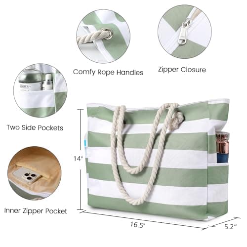 Beach Bag for Women – Large Beach Tote Bag, Waterproof Sandproof Beach Bag with Zipper, Large Swim Pool Beach Tote, Green thumbnail 3