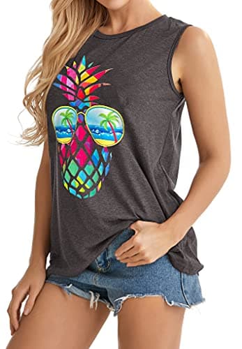 rosemia Tank Tops for Women Summer Graphic Pineapple Tshirts Sleeveless Casual Ladies Tunic Blouse(Pineapple Dark Grey, L) thumbnail 2