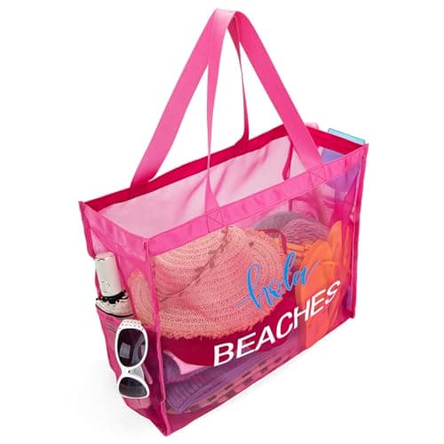 Montana Mesh Beach Travel Bag for Women Large Pink Pool Bag Net Big Shoulder Lightweight Swim Tote Bag with Pockets thumbnail 4