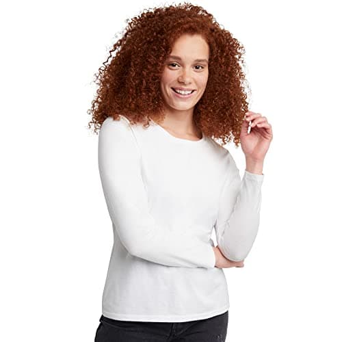 Hanes Long Sleeve Cotton T-Shirt, Lightweight Crewneck Tee for Women, Modern Fit, White, X Large