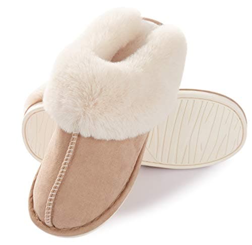 Donpapa Womens Slipper with Memory Foam Fluffy Soft Warm Slip On House Slippers Anti-Skid Cozy Plush for Indoor Outdoor Tan Large thumbnail 2