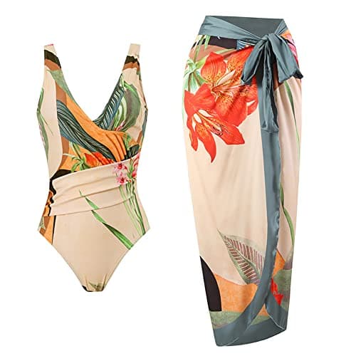 ODOLDI Women's Floral Swimsuit with Sarong Cover Up Wrap Skirt, Tummy Control Swimsuit, Bathing Suits Cover Up Outfit, Apricot Floral, S, Polyester+Spandex