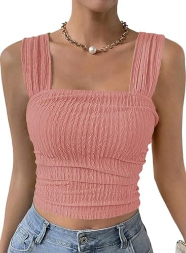 Cute Summer Tops for Women Trendy 2024 Light Pink Basic Strappy Ruched Teenager Girl Travel Trip Beach Cami Top Comfy M
