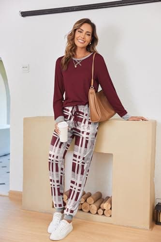 Ekouaer Women's Winter Pj's With Elastic Around The Ankle Long Sleeve Crew Neck Pajama Set With Pockets Red Plaid,Large thumbnail 4