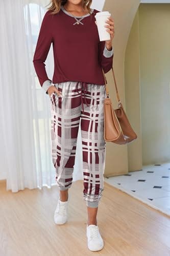 Ekouaer Women's Winter Pj's With Elastic Around The Ankle Long Sleeve Crew Neck Pajama Set With Pockets Red Plaid,Large thumbnail 3