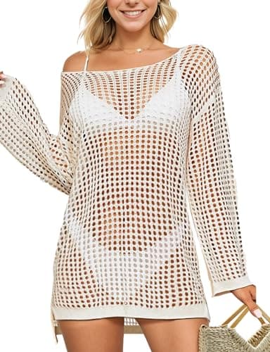 Buauty Women's Swimsuit Crochet Cover Up | Bathing Suit Swimwear Short Sleeve Knit Beach Dress Summer Vacation Outfits