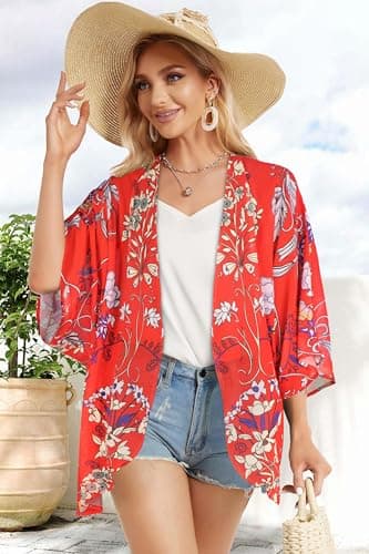 Summer Kimono Cardigan for Women Sheer Boho Tops Casual Open Front Swimwear Shirts Beach Cover ups (Boho Red,M) thumbnail 4