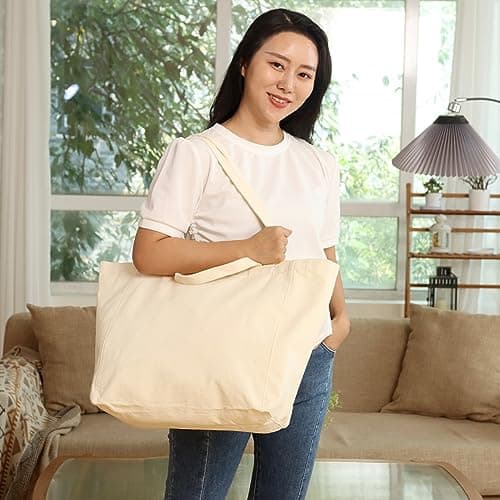 Firecolor Chic 15" X 14.5" X 8" Large Sturdy Canvas Tote Bag – Big Largest Grocery Shopping Beach Reusable Totes Bags With Double Handle (Beige) thumbnail 2