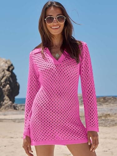 ANRABESS Women Swimsuit Crochet Swim Cover Up Summer Bathing Suit Swimwear Polo V Neck Mesh Knit Beach Dress Vacation Outfits Hot Pink X-Large thumbnail 4