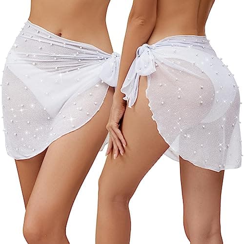 Beamuse 2 Pieces Pearl Swimsuit Coverup for Women, Short Sarong Bathing Suit Cover Ups, Women's Swimwear Wrap Beach Glitter thumbnail 3