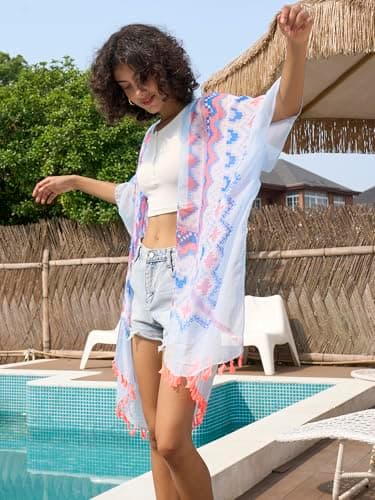 Chunoy Women Floral Print Lightweight Open Front Beach Wear Kimono Cover Up thumbnail 3
