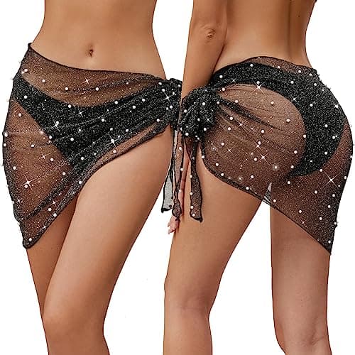 Beamuse 2 Pieces Pearl Swimsuit Coverup for Women, Short Sarong Bathing Suit Cover Ups, Women's Swimwear Wrap Beach Glitter thumbnail 2