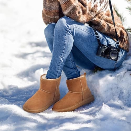 Litfun Genuine Suede Mini Boots for Women Winter Warm Fuzzy Boots Comfort Snow Boots with Fur Lined, Chestnut 39 thumbnail 2