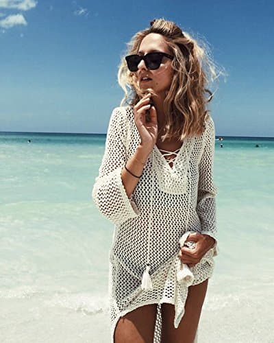 NFASHIONSO Women's Fashion Swimwear Crochet Tunic Cover Up/Beach Dres,Beige2 thumbnail 2