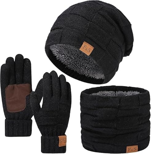 Yoolhamy Women Mens Hat Scarf and Gloves Set Winter Fleece Lined Beanie Cap Neck Warmer Scarf Touch Screen Gloves Cold Weather Set (US, Alpha, One Size, Black) thumbnail 2