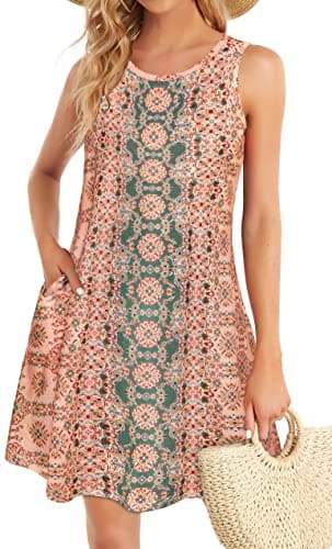 Sundress for Women Floral Bohemian Dress Sleeveless Loose Aline Beach Cover Up(Pink Boho Flower,L)