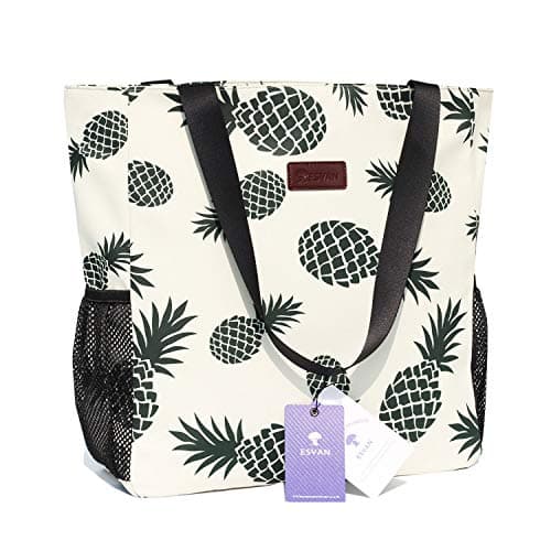 ESVAN Original Water Resistant Large Tote Bag for Gym Beach Travel, Upgraded, White, Pineapple thumbnail 3