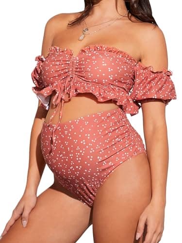 OYOANGLE Women's Maternity 2 Pieces High Waist Off Shoulder Ruffle Hem Bikini Set Swimsuit Pregnancy Swimwear Multicolor Small