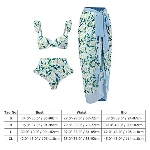 Three Pieces Swimsuits for Women with Matching Sarong Skirt Sleeveless Bra Swim Top High Waist Tummy Control Bikin Bottom Mesh Sheer Cover Ups Push Up Floral Laddies Bathing Suit Blue (3PCS) M thumbnail 4
