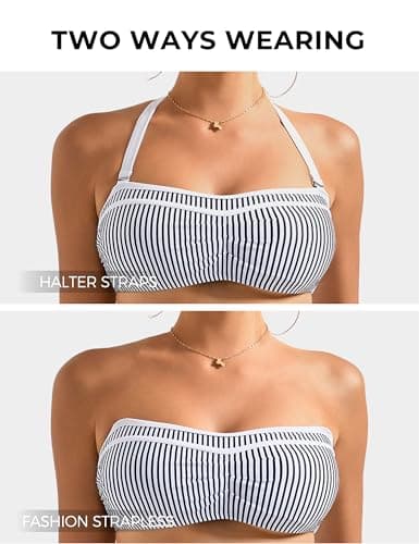 SUUKSESS Women Sexy High Waited Bandeau Bikini Sets Halter High Cut Two Piece Swimsuit Colorblock Push Up Bathing Suit（Navy Blue Black,L thumbnail 2