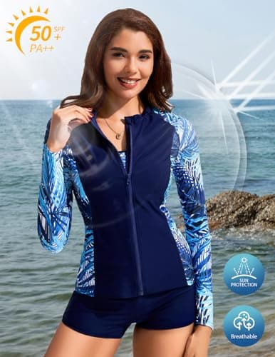 Summer Rash Guard Swimsuit Women UPF 50+ Long Sleeve Shirts Surfing Swimming Tops Lightweight Quick Dry Swimsuits Blue Leaf M thumbnail 2