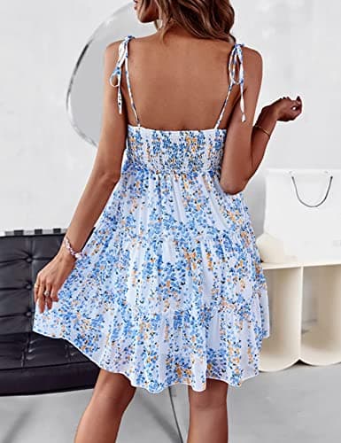 Mansy Womens Floral Mini Dress Boho Flowy Skater Dresses Short Sleeveless Ruffle Spaghetti Strap Dress Blue thumbnail 2