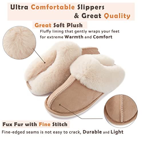 Donpapa Womens Slipper with Memory Foam Fluffy Soft Warm Slip On House Slippers Anti-Skid Cozy Plush for Indoor Outdoor Tan Large thumbnail 3