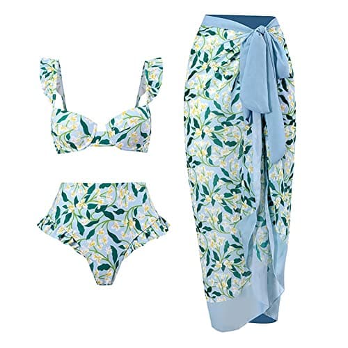 Three Pieces Swimsuits for Women with Matching Sarong Skirt Sleeveless Bra Swim Top High Waist Tummy Control Bikin Bottom Mesh Sheer Cover Ups Push Up Floral Laddies Bathing Suit Blue (3PCS) M