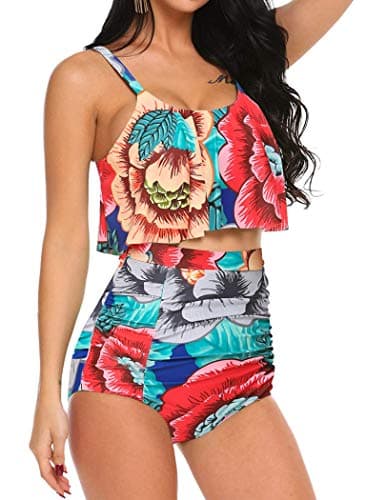 ADOME Women's Printed Bikini Set Ruffled Swmsuits Highwaist Tummy Control Swimwear (Red, S)