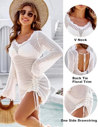 Blooming Jelly Womens Swimsuit Coverup Drawstring Bathing Suit Cover Ups Crochet Beach Swim Cover Up (Large, White) thumbnail 4