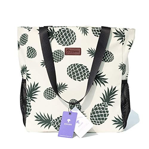 ESVAN Original Water Resistant Large Tote Bag for Gym Beach Travel, Upgraded, White, Pineapple thumbnail 2