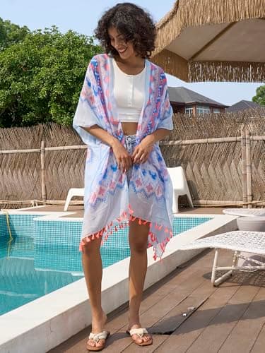 Chunoy Women Floral Print Lightweight Open Front Beach Wear Kimono Cover Up thumbnail 2