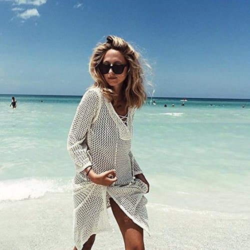 NFASHIONSO Women's Fashion Swimwear Crochet Tunic Cover Up/Beach Dres,Beige2 thumbnail 3