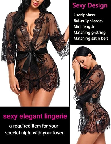 Avidlove lace nightgown lingerie Women's Lace Kimono Robe Babydoll Lingerie Mesh Nightgown Black XL thumbnail 4