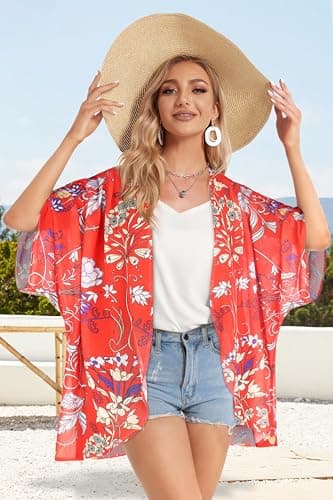 Summer Kimono Cardigan for Women Sheer Boho Tops Casual Open Front Swimwear Shirts Beach Cover ups (Boho Red,M) thumbnail 3
