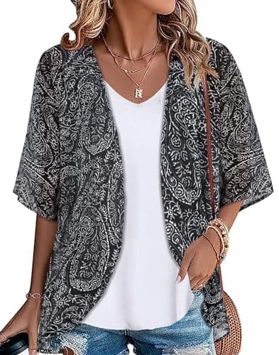 Women's Kimono Beach Coverups Sheer Chiffon Cardigan Casual Loose Open Front Blouse Tops Hawaiian Shirts(Boho Black, L)