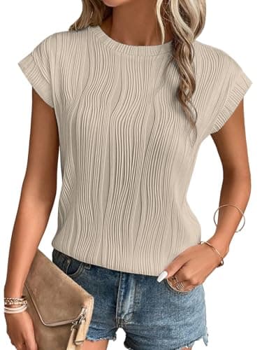 ATHMILE Summer Tops for Women 2025 Trendy Crewneck Work Blouses Beach Shirts Apricot