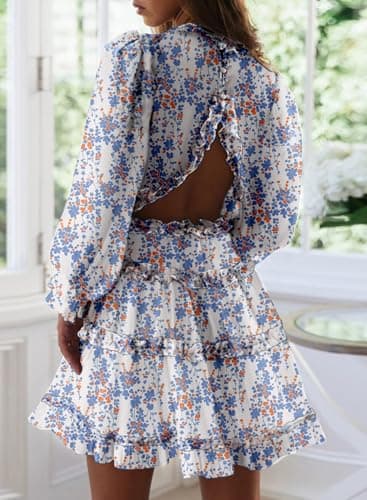 Dokotoo Womens Sun Casual V Neckline Long Sleeve Open Back Floral Print Mini Dress Bohemian Fashion Skater A Line Ruffle Hem Beach Dresses White Medium thumbnail 2