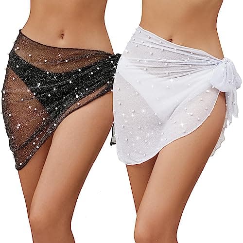 Beamuse 2 Pieces Pearl Swimsuit Coverup for Women, Short Sarong Bathing Suit Cover Ups, Women's Swimwear Wrap Beach Glitter
