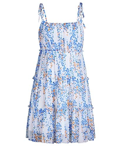 Mansy Womens Floral Mini Dress Boho Flowy Skater Dresses Short Sleeveless Ruffle Spaghetti Strap Dress Blue thumbnail 4