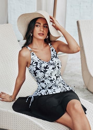 Kate Kasin Tankini Swimsuits for Women Two Piece Bathing Suits with Skirt Tummy Control Modest Drawstring Ruched Swimdress Black Floral thumbnail 4