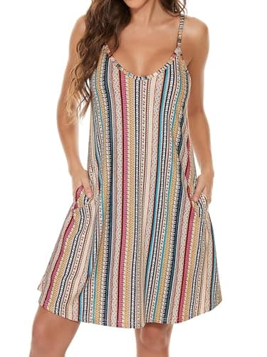 JOELLYUS Womens Summer Dresses Spaghetti Strap Sundress Casual Beach Cover Ups Swing Dress with Pockets (Stripe,M)