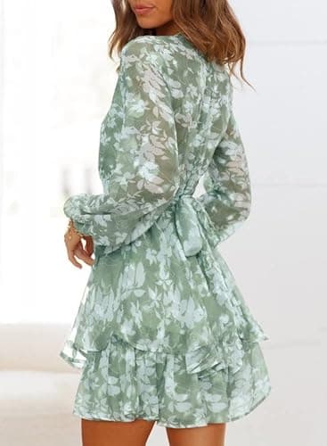 Dokotoo Womens Ladies Casual Summer Beautiful Spring Ruffle Elegant Floral Long Sleeve Tie Knot V Neck Cute Chiffon Boho Beach Tunic Swing A Line Mini Short Skater Dresses for Women 2024 Green X-Large thumbnail 2