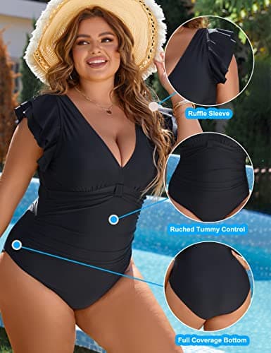 Blooming Jelly Women's Plus Size Swimsuit One Piece Tummy Control Bathing Suit Modest Maternity Full Coverage V Neck Swim Suits (Black,X-Large) thumbnail 3